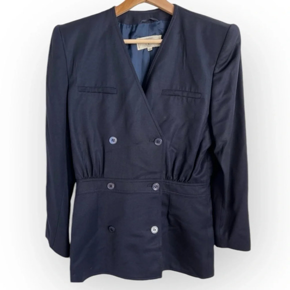 Vintage Valentino Miss V Women's Double-Breasted Blazer Navy Blue Size 42 Wool - Picture 1 of 16